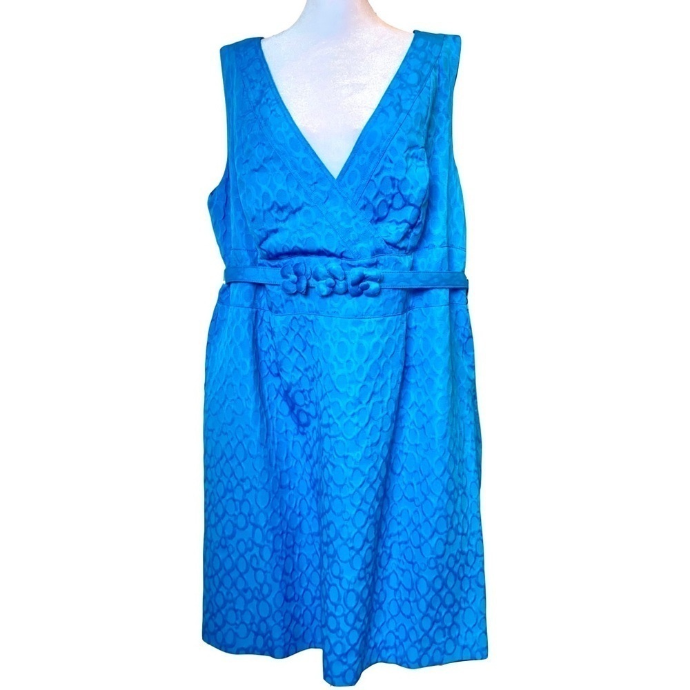 Studio 1 Agua Blue Formal Sleeveless Dress w/Flowered Belt V-neck Front Size 20W
